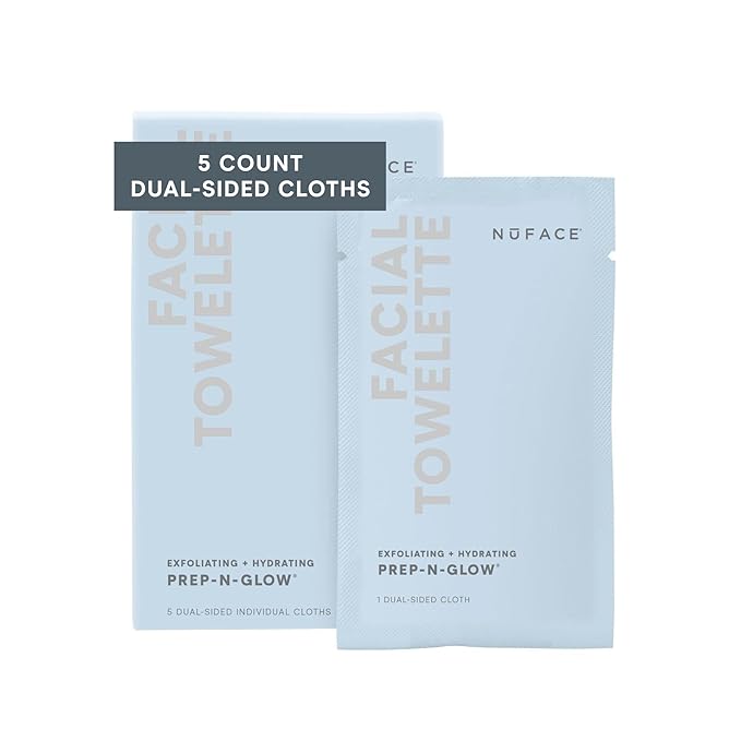 NuFACE Prep-N-Glow Facial Towelettes - 2-in-1 Exfoliating + Cleansing Makeup Remover Wipes, Hyaluronic Acid Travel Face Wipes to Hydrate & Brighten for Glowing Skin - 5 Individually Wrapped Cloths