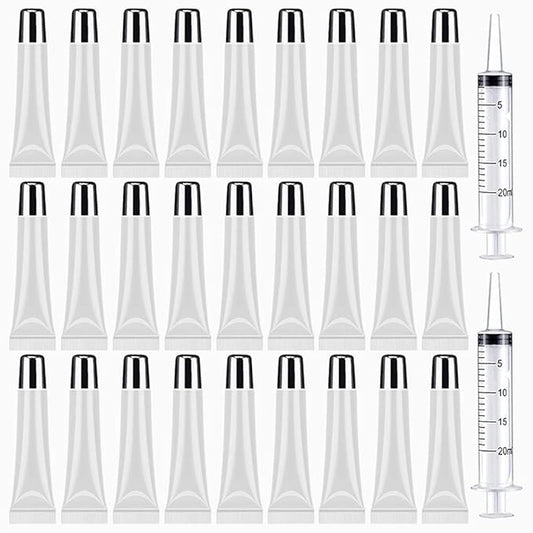 50PCS Lip Gloss Tubes 15ml Silver Cap Lip Gloss Containers Empty Lip Balm Tubes Refillable Cosmetic Squeeze Lipgloss Tubes + 2 x 20ml Syringes Tag Labels Stickers for DIY Lip Gloss Base Glitter