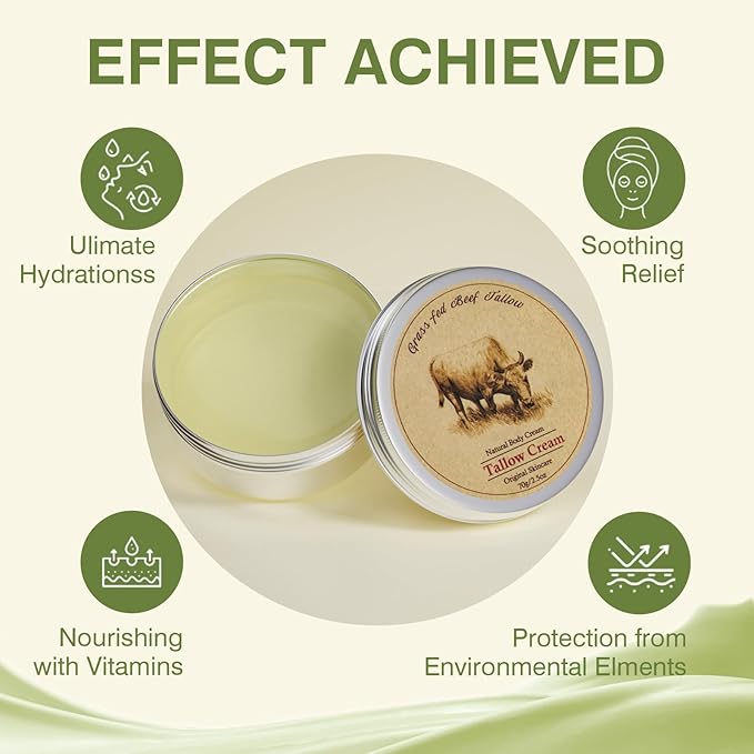 Beef Tallow, Beef Tallow for Skin, Beef Tallow Moisturizer, Beef Tallow Balm for Face Moisturizer Grass Fed for All Purpose Balm, Natural Beef Tallow Lotion for Skin Care (2.5oz)