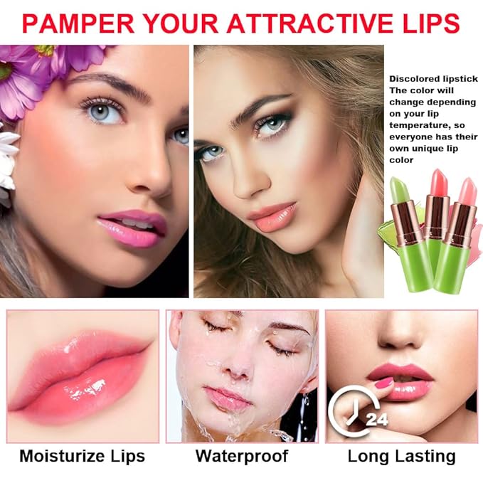 evpct 3Pcs Magic Color Changing Lipstick Long Lasting Waterproof 24 Hours Original for Women, Aloe Vera Strawberry Peach Pink PH Mood Permanent Color Changing Lipstick Lip Balm Gloss, labial magico