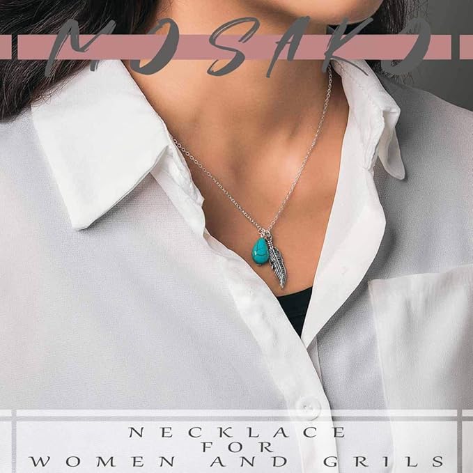 Boho Turquoise Necklaces Silver Feather Pendant Necklace Chain Short Delicate Dainty Necklaces Jewelry for Women