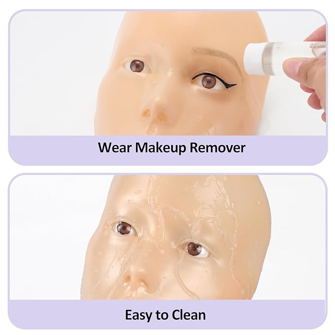 Makeup Practice Face, 2024 Upgrade 5D Makeup Mannequin Face Reusable Silicone Makeup Practice Face Board with Bracket, Come with Makeup remover & Concealer 3 Color & Makeup Bag Yellow