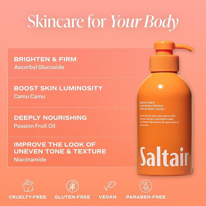 Saltair Body Wash, Exotic Pulp 2-Pack. Moisturizing Body Cleanser with Monoi Oil and Cupuacu Butter. Luxury Shower Gel for Women. Vegan, Cruelty-Free, Paraben-Free. 2x 17oz Pump Bottles.