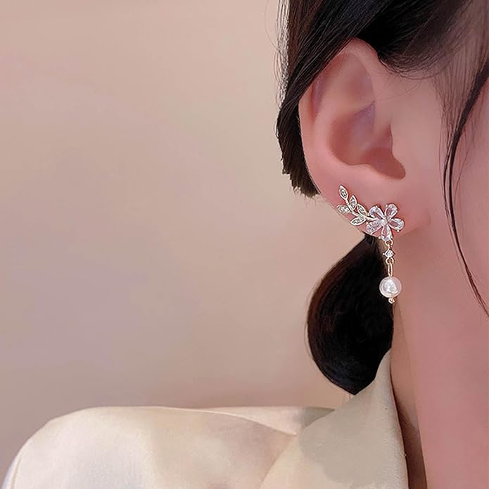 Vintage Crystal Flower Ear Climber Earrings Rhinestone Pearl Dangle Earrings Gold Cz Chain Tassel Earrings Sparkly Pearl Drop Earrings Jewelry for Women