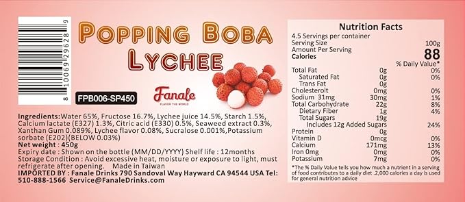 Fanale Popping Boba Pearls for Bubble Tea - 2 lb (1 lb X 2) | Lychee | Bursting Boba Pearls Bubble 450g X 2 | Fruit Juice Flavor for Shakes, Dessert, Smoothie | FPB006-SP450 X 2