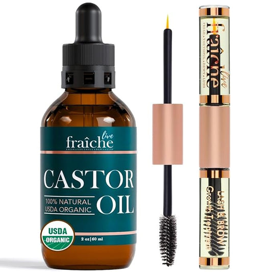 Organic Castor Oil Lash Serum for Hair Growth, 100% Pure Eyebrow Eyelash Growth Serum, Cold Pressed Hexane Free (2oz Glass Bottle + FILLED Mascara Tube)