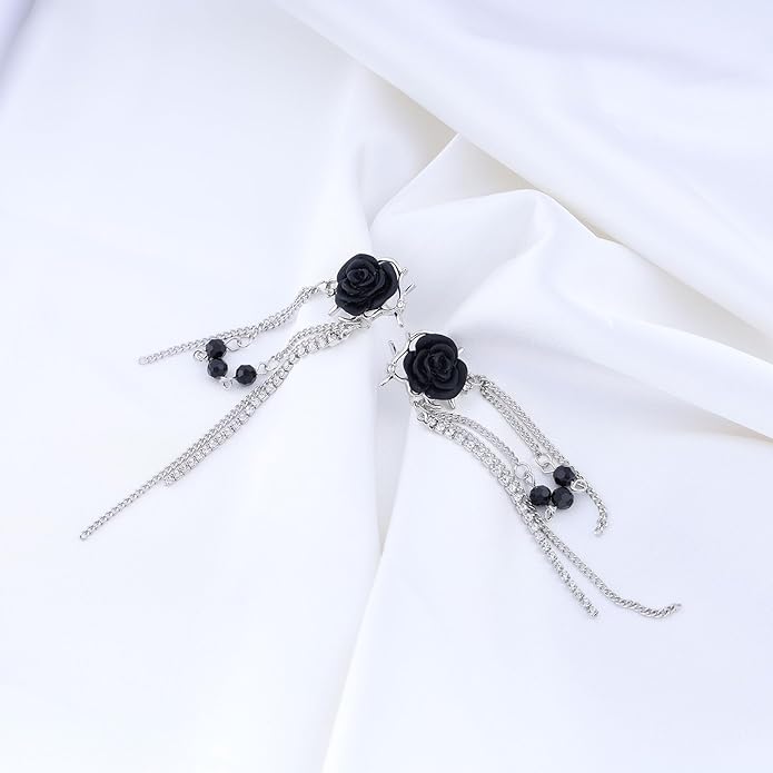 Punk Black Rose Flower Earring Long Rhinestone Chain Drop Earrings Silver Cz Tassel Chain Earrings Black Rose Flower Ear Cuff Earring Jewelry for Women