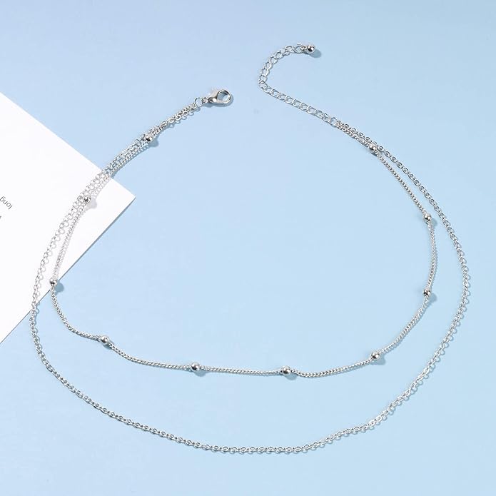 Boho Layered Satellite Choker Necklace Gold Ball Chain Necklace Short Collar Necklace Vintage Double Layer Necklace Jewelry for Women and Girls Gifts