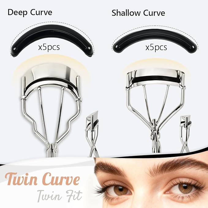 2 Kinds of Eyelash Curlers with Different Curvature Suitable for Various Eyes Shapes, Silver Comfort Grip,10 Silicone Replacement Refills Pads for Perfect Framed Lashes - Gentle & Safe Use