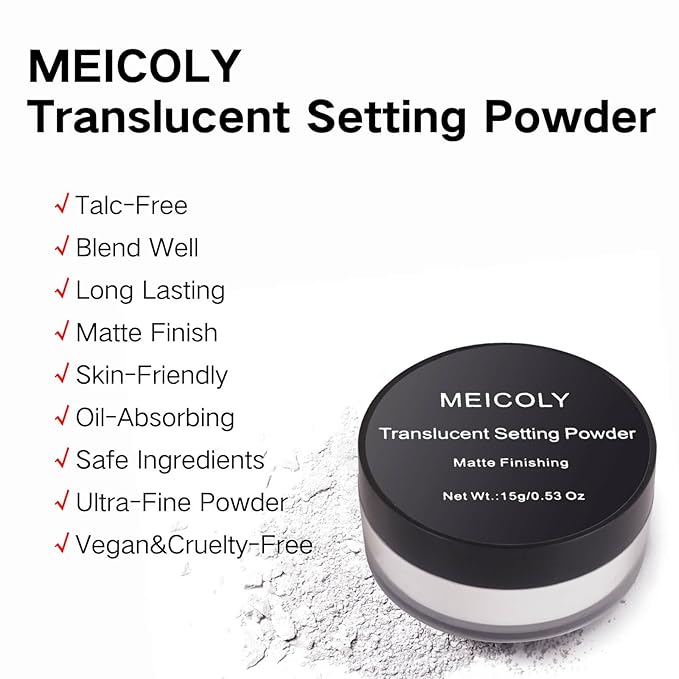 MEICOLY Talc-Free Setting Powder with Sifter,Long Lasting Loose Face Powder,Translucent Powder Colorset Powder,Matte Finishing White Face Paint Setting Powder for Halloween SFX Makeup,Oil Control