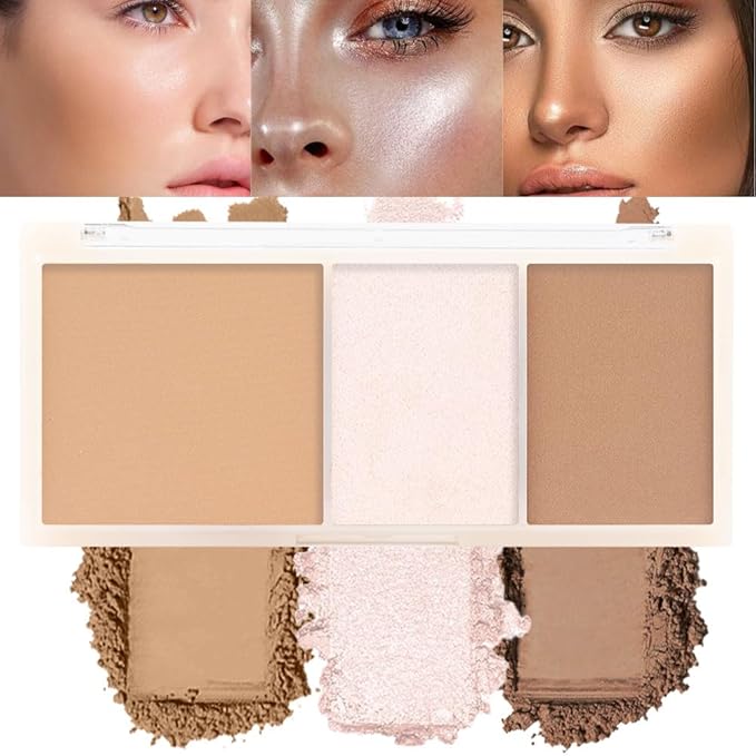 3 IN 1 Brown Nude Face Highlight Bronzer Powder Palette for Face Cheeks Contour Brightening, Buildable Matte Coverage Natural Makeup,Ultra Sculpt Nose Shadow Eyeshadow Primer 02#