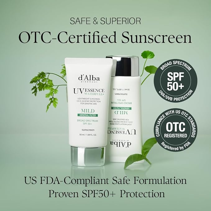 d'alba Piedmont Italian White Truffle Waterfull Mild Sunscreen, Vegan, Mineral Sunscreen, BROAD SPECTRUM SPF 50+ Non-Nano Suitable for Sensitive Skin, Korean Skin Care (1.69 fl. oz)