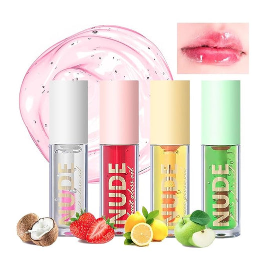 4 Pcs Plumping Lip Oil, Moisturizing Hydrating Lip Glow Oil Fruit Big Brush Head Lip Gloss Kit Smooth Glossy Finish Tinted Lip Balm, Non-sticky Fresh Texture