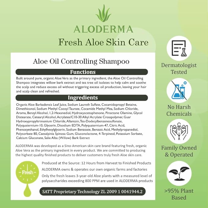 Aloderma Oil Controlling Shampoo Made with Freshly Harvest, Organic Aloe Vera for Oily Hair & Scalp - Infused with Tea Tree Oil and Willow Bark Extract to Gently Cleanse Build Up Without Drying - 16oz
