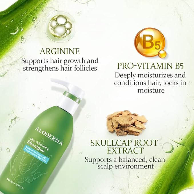Aloderma Aloe Volumizing Shampoo for Fine, Brittle, & Thinning Hair - Featuring Freshly Harvested Organic Aloe Vera Infused with Arginine & Panthenol - Alcohol, Parabens, Mineral Oil Free - 16oz