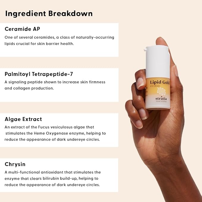 Stratia Lipid Gold Eye Cream Moisturizer & Anti-Aging Skin Care for Dark Circles, Fine Lines, Wrinkles, & Under Eye Brightener, 0.5 fl. oz