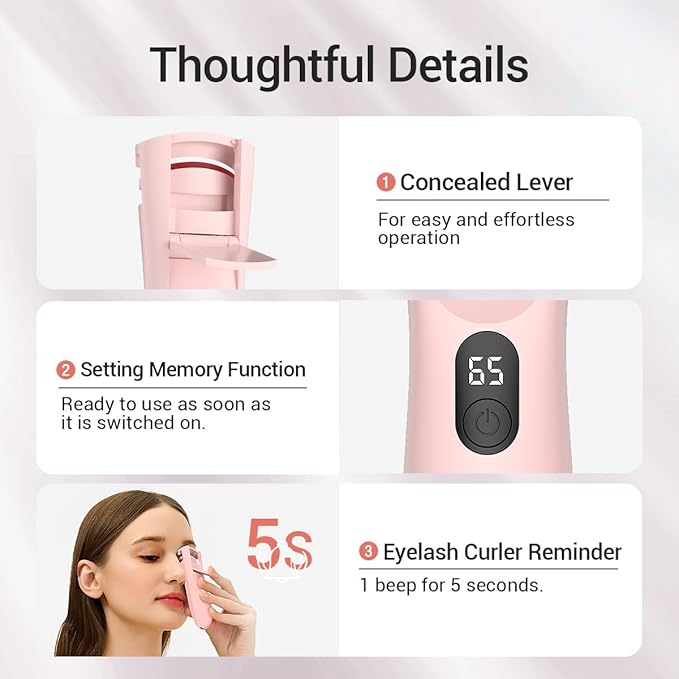 TOUCHBeauty Rechargeable Heated Eyelash Curler with LED Display, Featuring 3-Level Adjustable Temperature for a Natural, Long-Lasting Curl (Up to 24 Hours) AG-2316-Pink