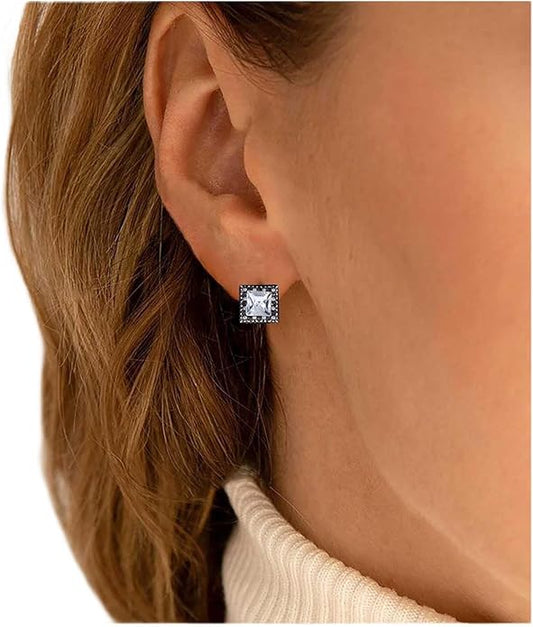 Boho Tiny Crystal Square Earrings Silver Cz Square Earrings Cz Rhinestone Square Stud Earrings Silver Geometric Earrings Jewelry for Women and Girls