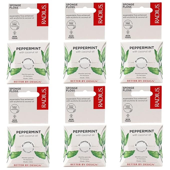 RADIUS Peppermint Dental Floss 55 Yards Vegan and Non-Toxic Oral Care Boost Total Tooth & Gum Protection Clear - Pack of 6