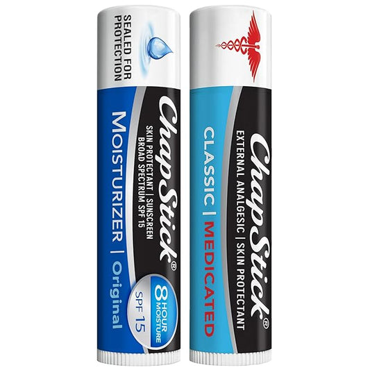 ChapStick Dry Lips & Cold Sore Pain Relief Bundle – Classic Medicated ChapStick + Original Moisturizer Lip Balm with SPF 15, 0.15 Ea (2 Piece Set)
