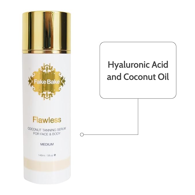 Fake Bake Flawless Coconut Sunless Tanning Serum with Hyaluronic Acid Lightweight Illuminating Face & Body Gradual Self Tanner - Hydrating & Rejuvenating Skin Care for Women & Men - 5 oz