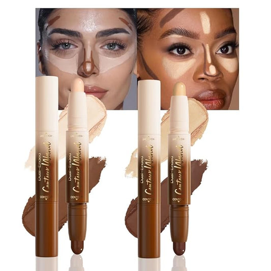 2Pcs 2in1 Cream Contour Highlighter Stick, Dual-Ended Highlighter Makeup Contour Stick, Contour Stick Dual Ended For Face Body Makeup,Long Lasting Waterproof for All Skin Tones (02+04)