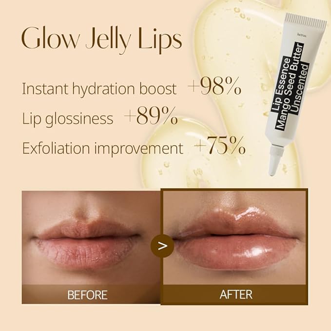 hetras Mango Seed Butter Lip Essence | Fragrnace Free Intense Hydration & Overnight Lip Mask for Soft, Glossy Lips | Daily Lip Treatment Jelly Balm for Dry Lips, 0.44 oz. 2 Pack