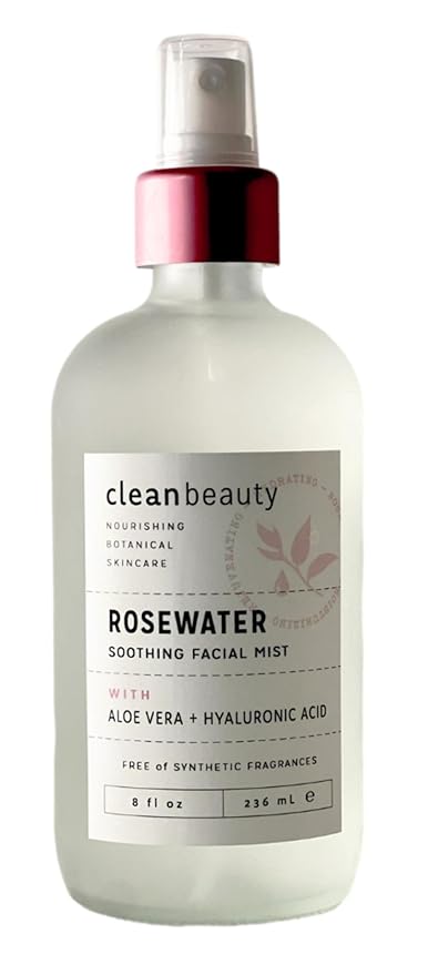 Clean Beauty Rosewater Soothing Facial Mist with Aloe Vera & Hyaluronic Acid - Hydrates, Refreshes & Plumps | Soothe Dry, Irritated Skin (8 Fl Oz)