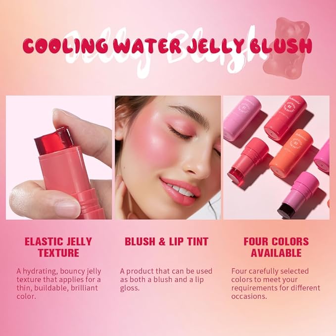 Multi-Use Cooling Water Jelly Blush/Lip Tint & Eye Shadow - Sheer Stain withBuildable Watercolor Finish - Long-Lasting Moisture - 1,000+ Swipes Per Stick - Jelly Texture for Lip & Cheek (Berry)