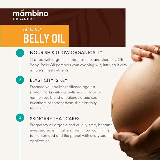 Mambino Organics Oh Baby! Organic Belly Oil for Pregnancy (2 Pack) - Hydrating Stretch Mark Serum, Vegan Maternity Skin Care, Eco-Friendly Pregnancy Oil for Elasticity & Glow, 4oz