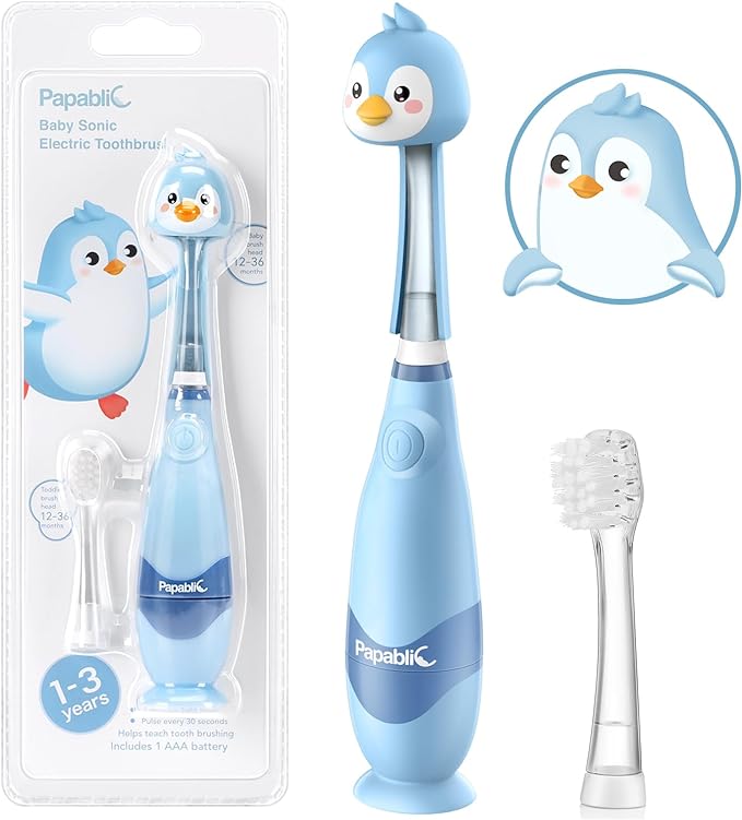 Papablic Toddler Sonic Electric Kids Toothbrush for Ages 1-3 Years, Baby Electric Toothbrush with Cute Penguin Cover and Smart LED Timer, 2 Brush Heads (Pippin)