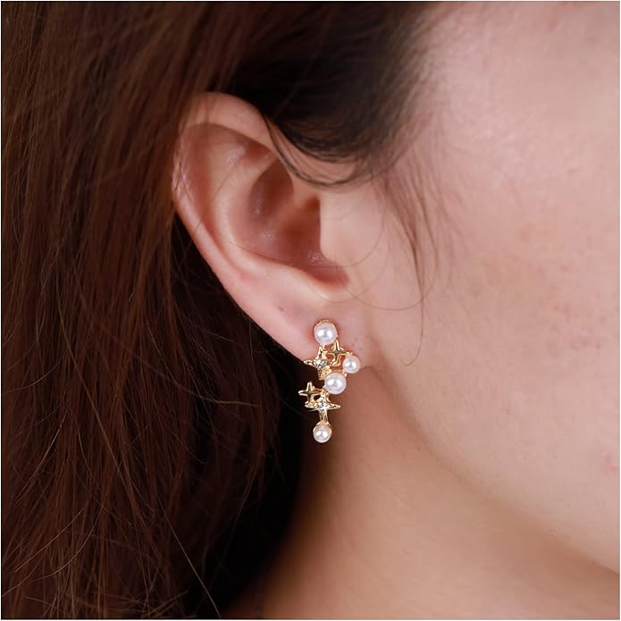 Vintage Pearl Star Earrings Rhinestone Pearl Drop Earrings Gold Crystal North Star Earrings Cz Northstar Studs Earrings Jewelry for Women