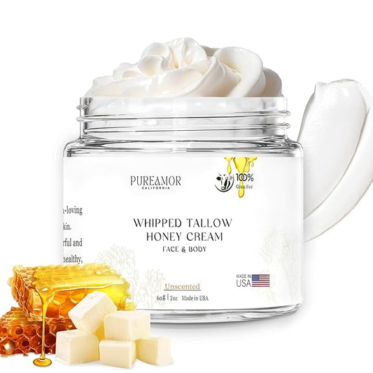 Beef Tallow for Skin Made in USA, Grass-Fed Beef Tallow for Face, Quick Absorbing, Hydrating Tallow Face Moisturizer, Whipped Beef Tallow and Honey Balm for Face&Body,Beef Tallow Cream(2oz. Unscented)