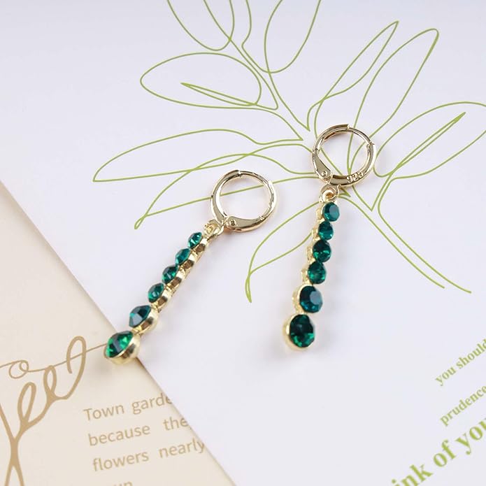 Vintage Crystal Emerald Drop Earrings Emerald Bar Dangle Earrings Green Long Tassel Chain Earrings Gold Hoop Huggie Earrings Jewelry for Women