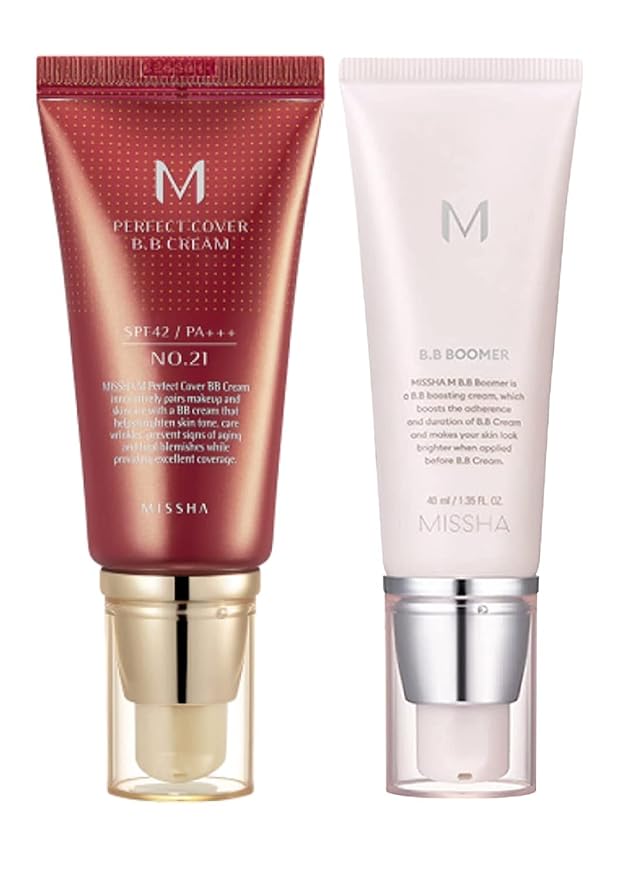 MISSHA M PERFECT COVER BB CREAM No.21 Light Beige for Bright Skin/SPF 42 PA+++ 1.69 oz & M BB Boomer 40ml -Lightweight, Multi-Function, High Coverage