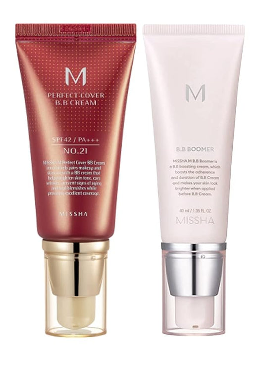 MISSHA M PERFECT COVER BB CREAM No.21 Light Beige for Bright Skin/SPF 42 PA+++ 1.69 oz & M BB Boomer 40ml -Lightweight, Multi-Function, High Coverage