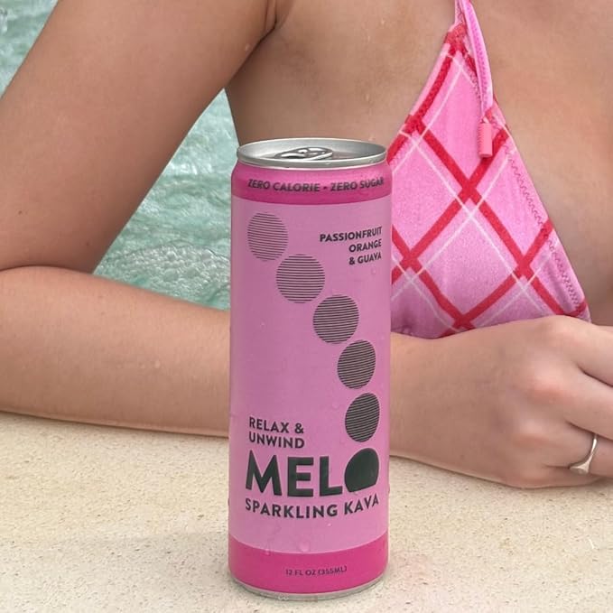 Melo Sparkling Kava Drink, Passionfruit, Orange & Guava, Sugar Free Non Alcoholic Drinks with Zero Calories, Gluten Free, Vegan, 100% Natural Mocktail with 750mg Kava Root per Drink, 12 Pack, 12 oz Cans