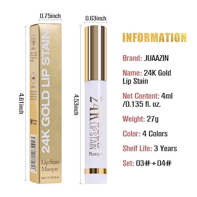 2Pcs 2025 New 24K Gold Liquid Lip Gloss Peel Off Lip Stain Tattoo with Tweezer, Lips Stain Peel Off Masque, Long Lasting Waterproof Lip Tint Stain, Transfer-proof for All Skin Types 03#+04#
