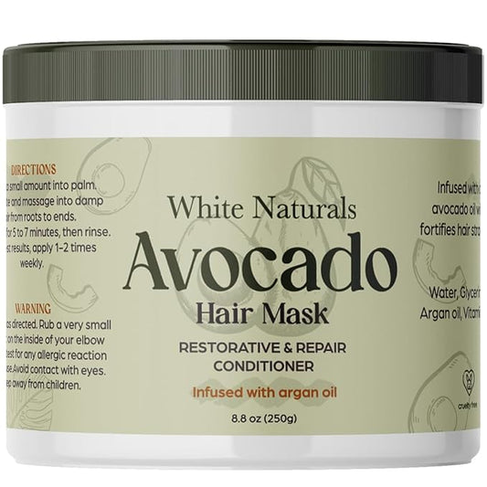White Naturals Avocado Hair Mask Infused with Biotin for Growth and Volume, Deep Conditioning Cream for Healthy Hydrated Thick Hair, Nourishing Avocado Oil Cream to Help Restore Damaged Tips