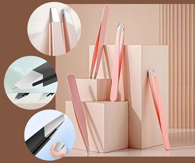 [9+1 PCS] Tweezers Kit, Tweezer for Women Facial Hair, Professional Tweezers Set, Eyebrow Tweezer, Professional Stainless Steel Eyebrow for Women &Men,Black And Pink Beauty Sets.