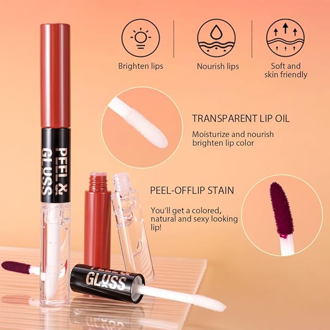 Lip Stain Peel Off Lip Gloss oil Dual-Ended Combo, Brown Lips Liner Stain Peel Off Tattoo, Long Lasting & Waterproof, Transfer-Proof Lip Tint Stain with Lip oil for All Skin Type 06#