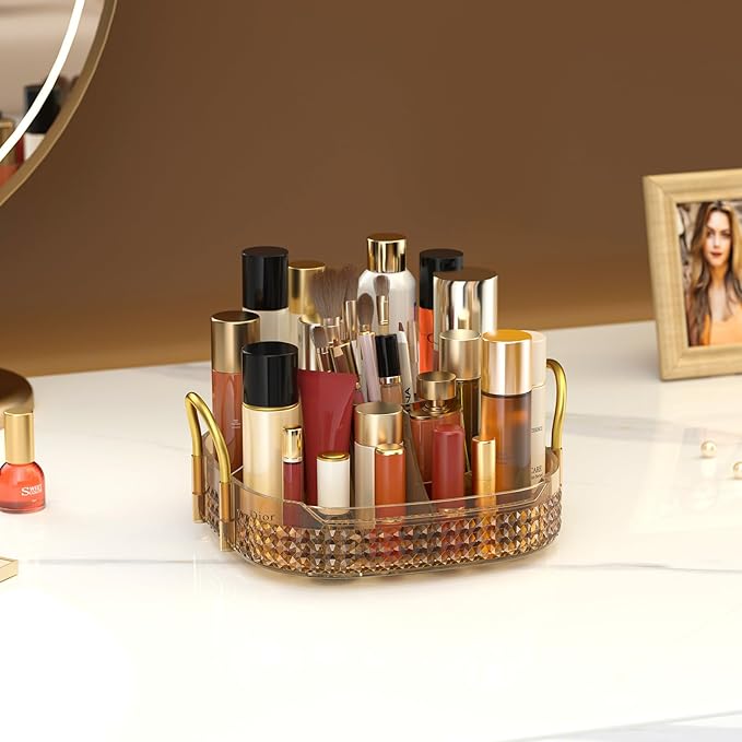 Awenia Rotating Makeup Organizer 360, Stackable Adjustable Large Capacity Cosmetic Storage Unit,Dresser Bathroom Kitchen Countertop Organizer with Metal Handle, Plus Size (Honorable Gold, 1 Tier)