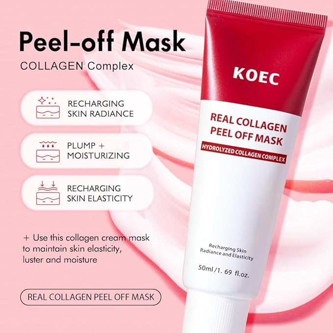 KOEC Real Collagen Peel Off Face Mask,Collagen Overnight Wrapping Facial Mask,Deep Hydrating & Restores Elasticity & Refine Pores,Hydrolyzed Collagen with 500 DA for Glass Glow Skin,1.69 fl.oz