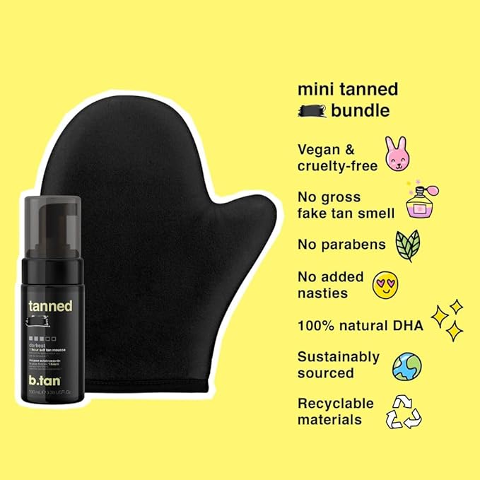 b.tan Dark Self Tanner Mini Kit | Get Tanned Travel Bundle - Mini Dark Self Tanner Mousse with Self Tanning Mitt Applicator, 1 Hour Sunless Tanner, Fast Self Tan, Vegan, Cruelty Free, 3 Fl Oz
