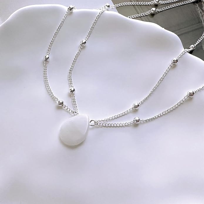 Layered Teardrop Pendant Necklace Teardrop Natural Stone Necklace Teardrop Gemstone Necklace Chain White Teardrop Necklace Choker Gold Satellite Chain Necklace Jewelry for Women and Girls