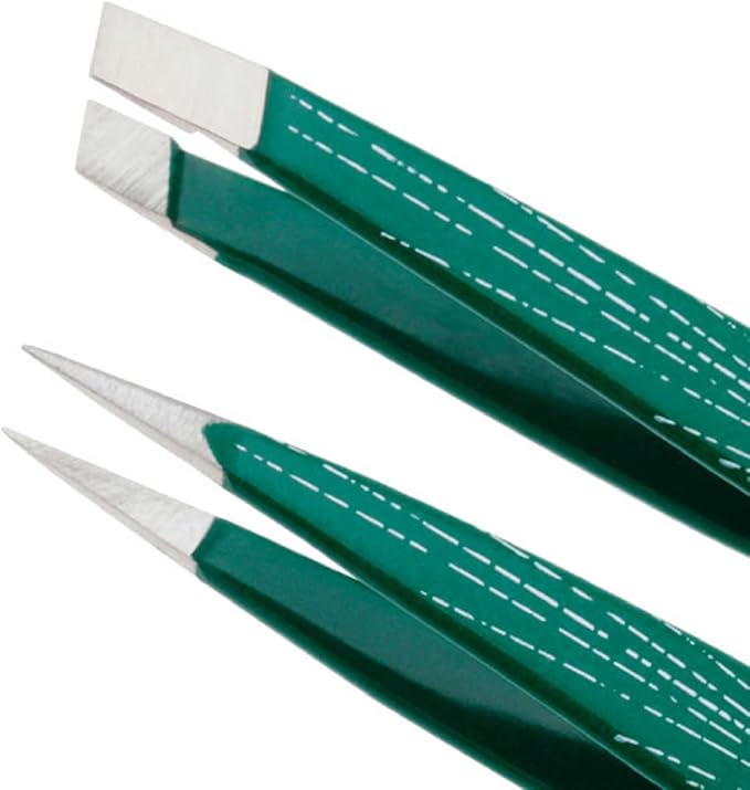 Tweezerman Emerald Shimmer Micro Mini Slant & Point Tweezer Set - Eyebrow Tweezers for Women and Men