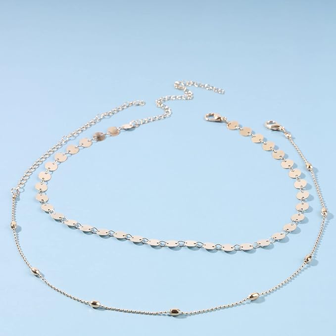 Boho Layered Satellite Disc Choker Necklace Gold Sequin Disc Chain Necklace Vintage Double Layer Necklace Short Collarbone Necklace Chain Jewelry for Women and Girls Gift