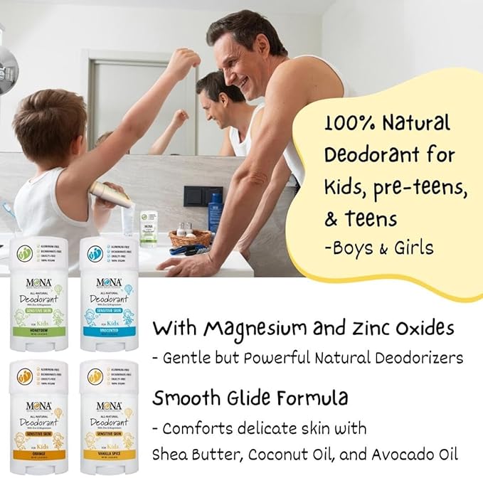 MONA BRANDS 100% Natural Deodorant for Kids | For Girls & Boys | Sensitive Skin | No Baking Soda | No Aluminum | Vegan, Non-GMO, Gluten and Cruelty free (VANILLA SPICE 1.76 Oz)
