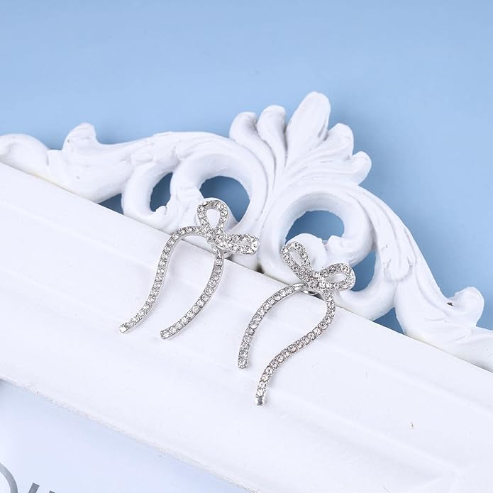 Vintage Crystal Bow Earrings Rhinestone Bow Drop Earrings Long Cz Rhinestone Earrings Gold Bow Cz Stud Earrings Jewelry for Women