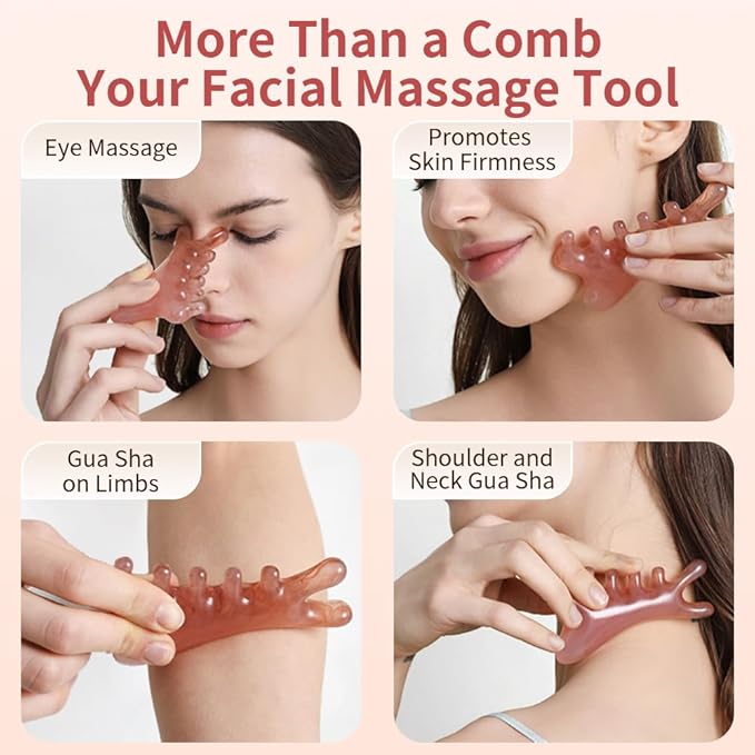 4-in-1 Massage Comb Pink Gua Sha Facial Tools Head Massage Combs Neck Body Face Eye Massager Tool for Body Tension Relief Promote Lymphatic Circulation Gifts for Women Men